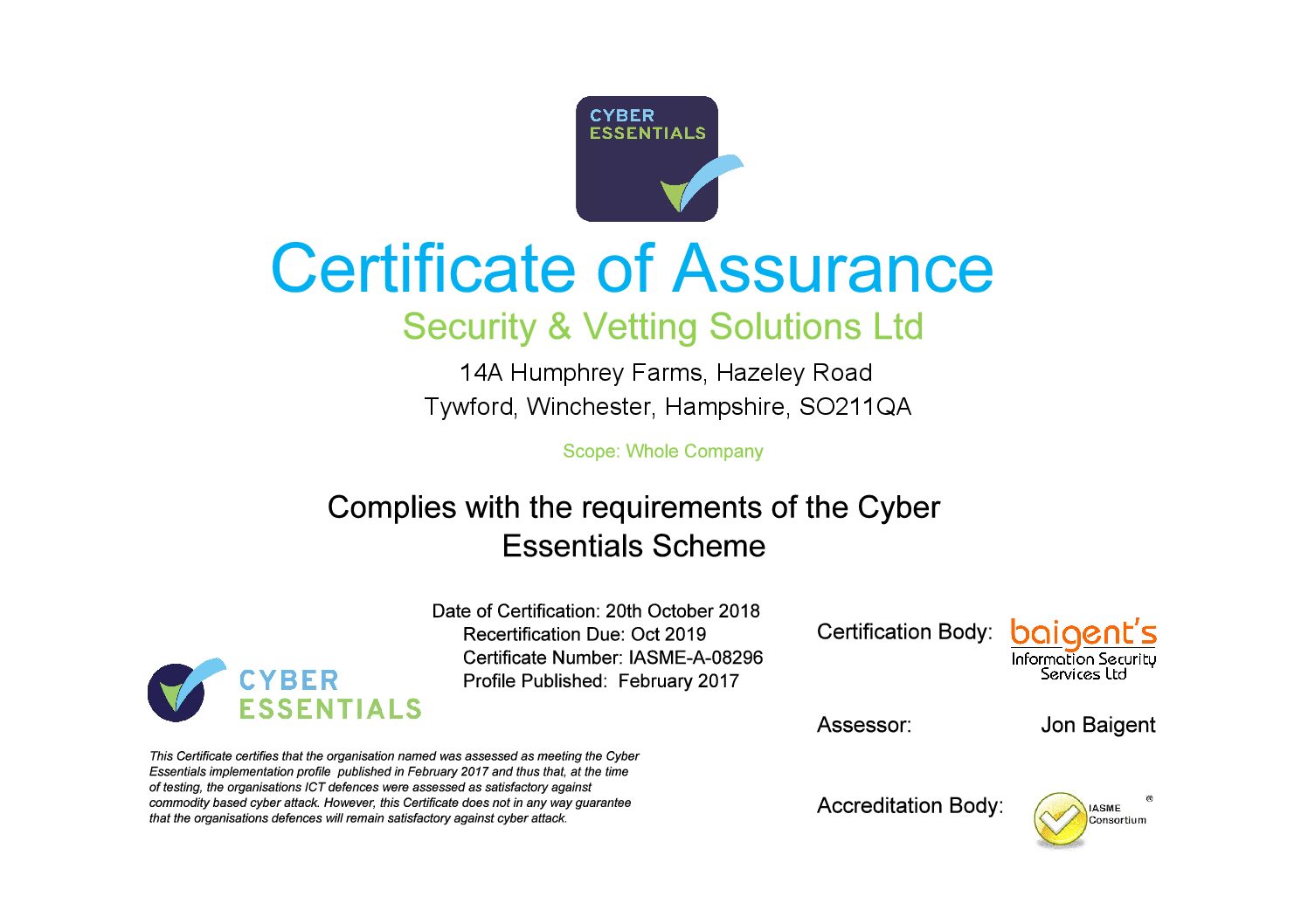 Cyber essentials Security & Vetting Solutions certificate.