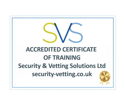Security & Vetting Solutions certificate of training.