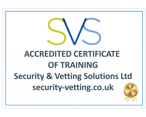 Security & Vetting Solutions certificate of training.
