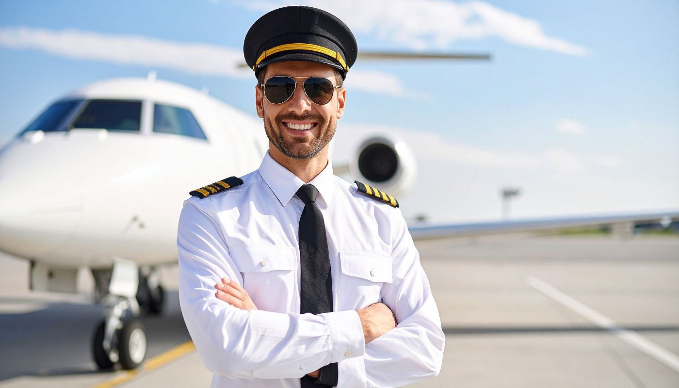 An airplane captain is at the front of the plane with his hat and unform on smiling with arms crossed.