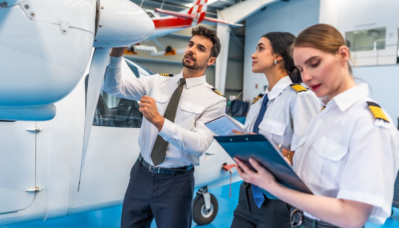 Three airport staff are checking the interior of the plane and have a clipboards