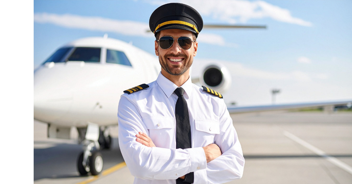 An airplane captain is at the front of the plane with his hat and unform on smiling with arms crossed.