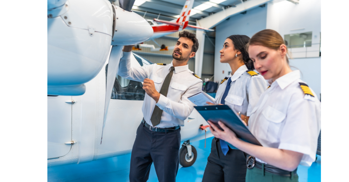 Three airport staff are checking the interior of the plane and have a clipboards