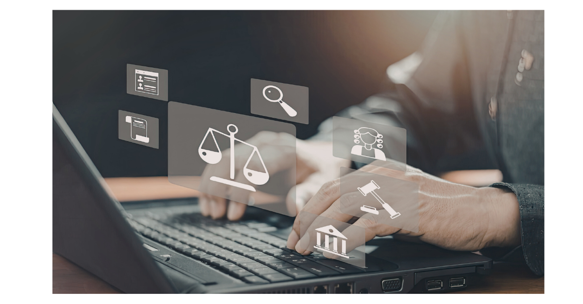 There is a man on a laptop typing on the keyboard with symbols above of weight scales, a gavel and magnifying glass