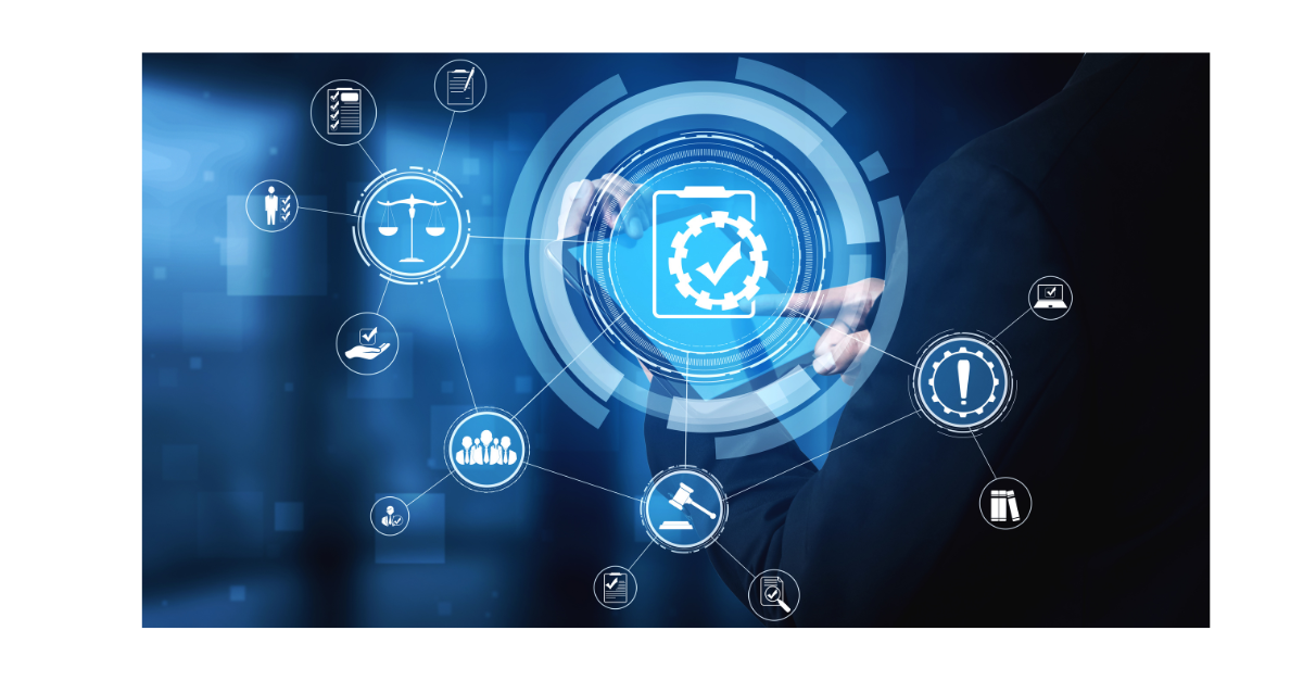 There are digital symbols in blue with a tick badge and a gavel and weight scales in another circle.