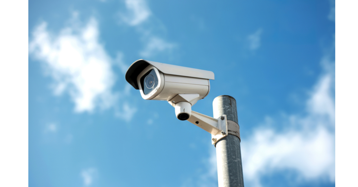 A CCTV camera is on a lamppost outside.