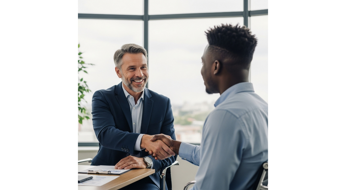 Two business men are shaking hands at a desk in an office area.