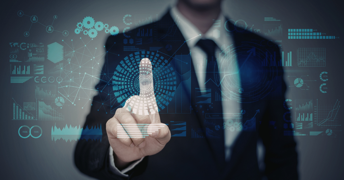 A business man is touching a digital screen with his finger.