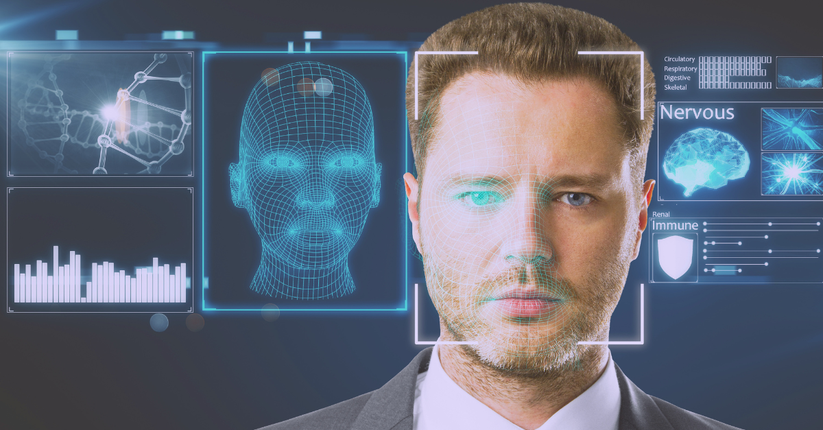There is a man with his face being scanned and you can see the scanned version next to him with other digital scans and charts.