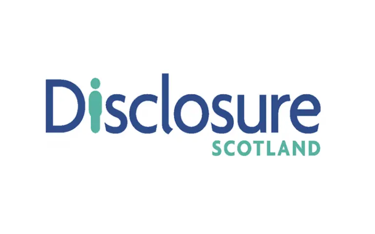 Disclosure Scotland logo in blue and green colours, with the i being replaced with a symbol of a person.