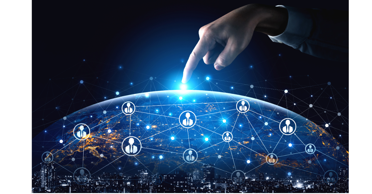 There is a digital version of the world and digital people with someone pointing at it.