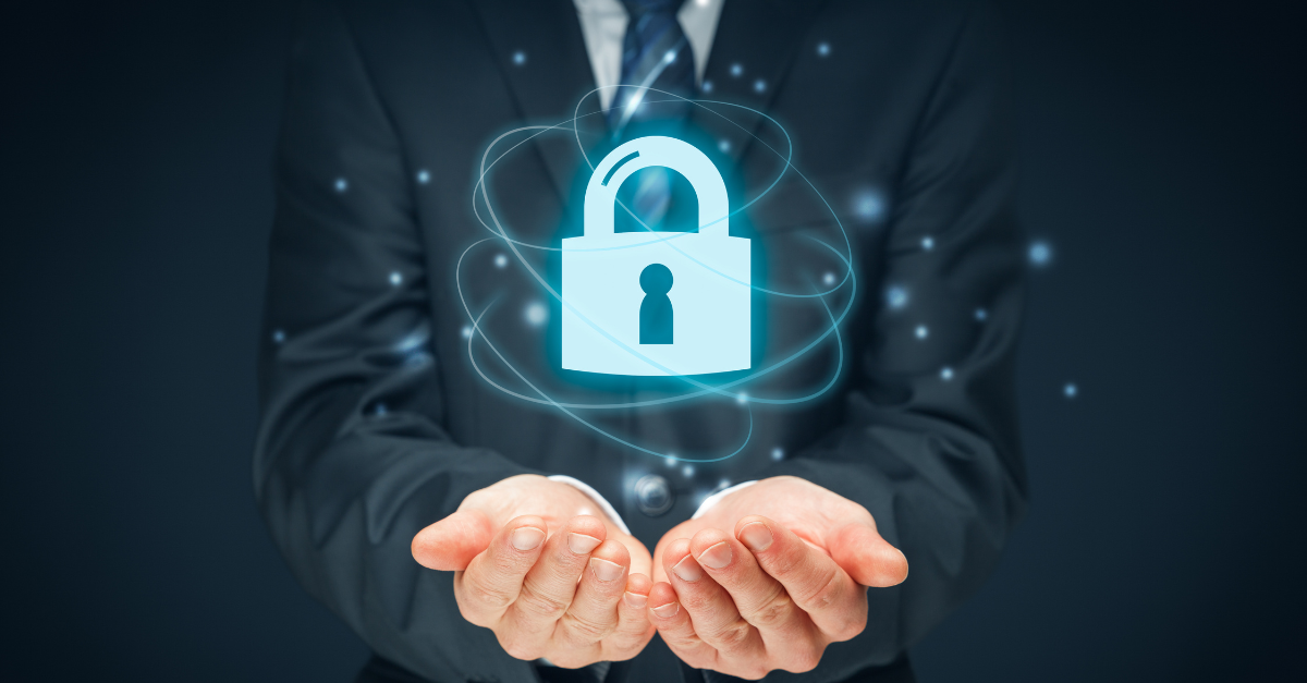 A business man is showing a padlock for safety and data protection.