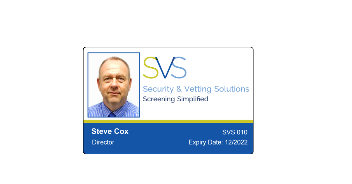 An example of an ID card with the owner of Security & Vetting Solutions to show what it could look like.