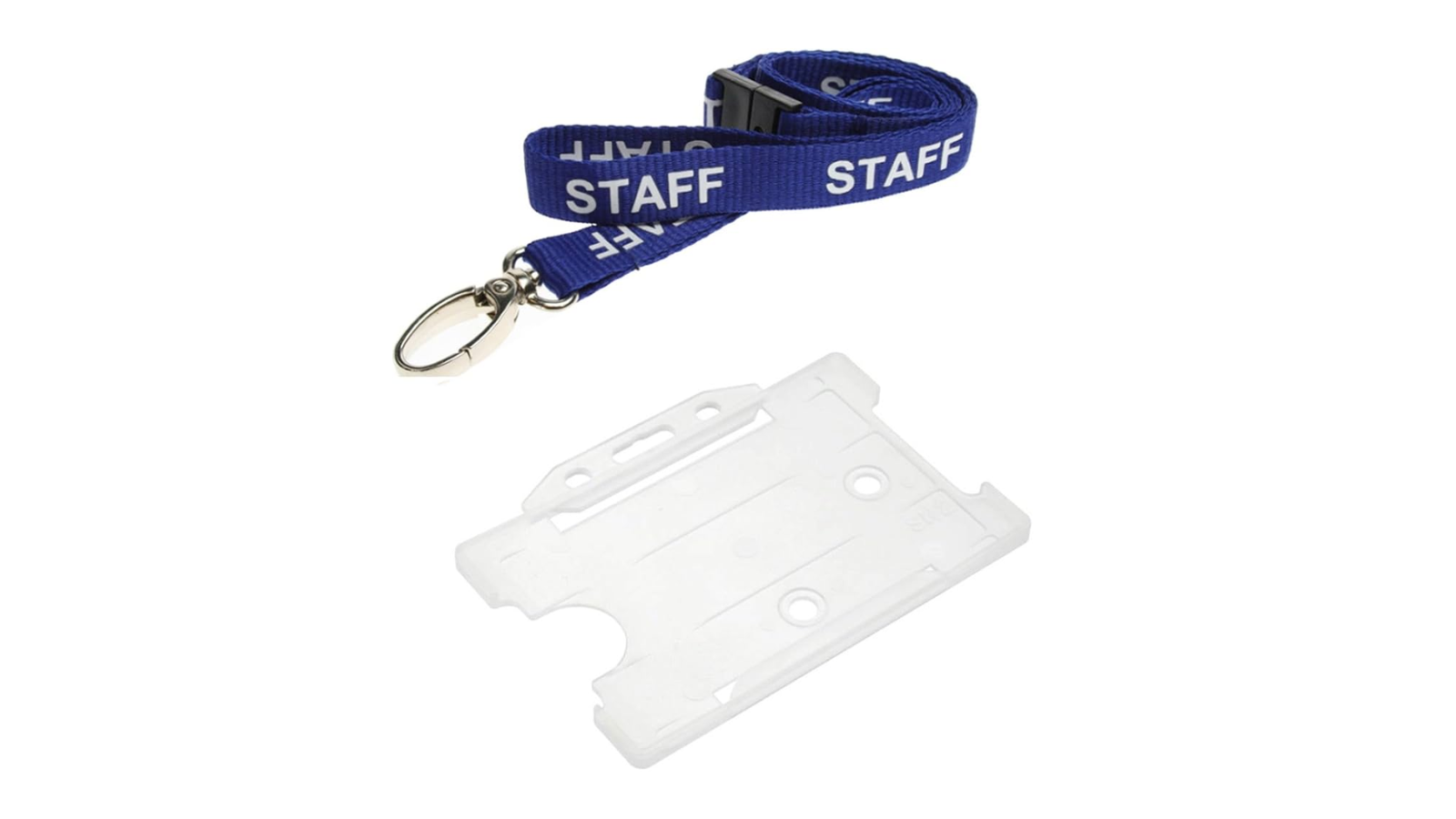 An ID card holder and a lanyard with staff written on it.