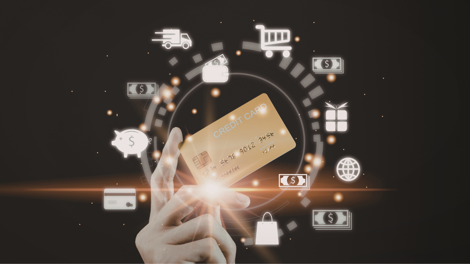 Someone holding a gold bank card with symbols around it of cash, a piggy bank, shopping bag and bank card.