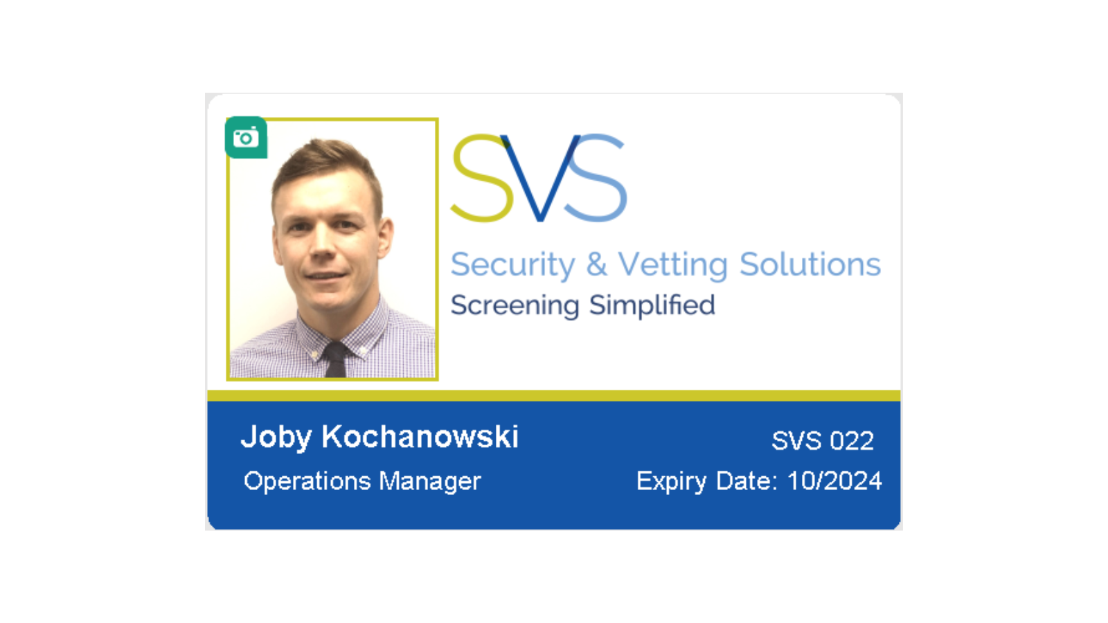 A Security & Vetting Solutions ID card example with the General Managers details on it.
