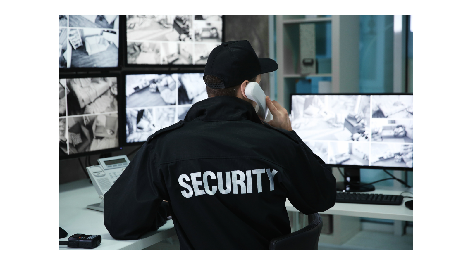 There is a security guard on the phone in front of CCTV camera screens.