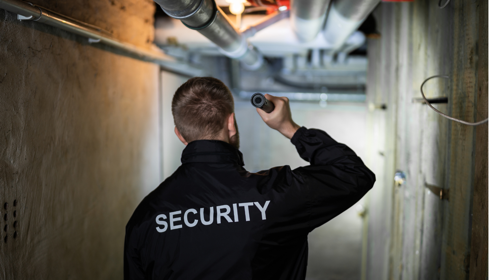 A security guard is looking with a torch through a corridor and there are pipes on the ceiling.