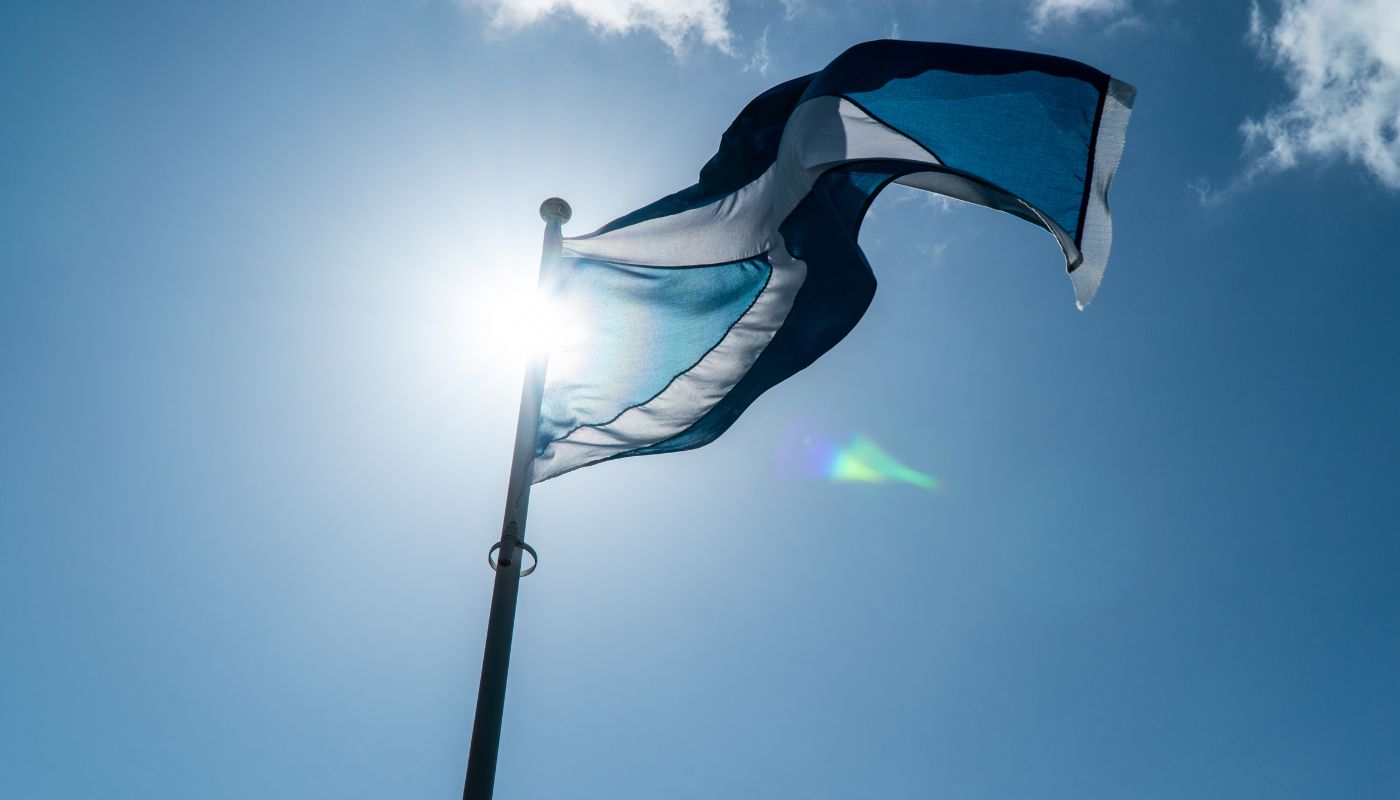 The Scottish flag is being blown in the wind on a pole looking up at it.