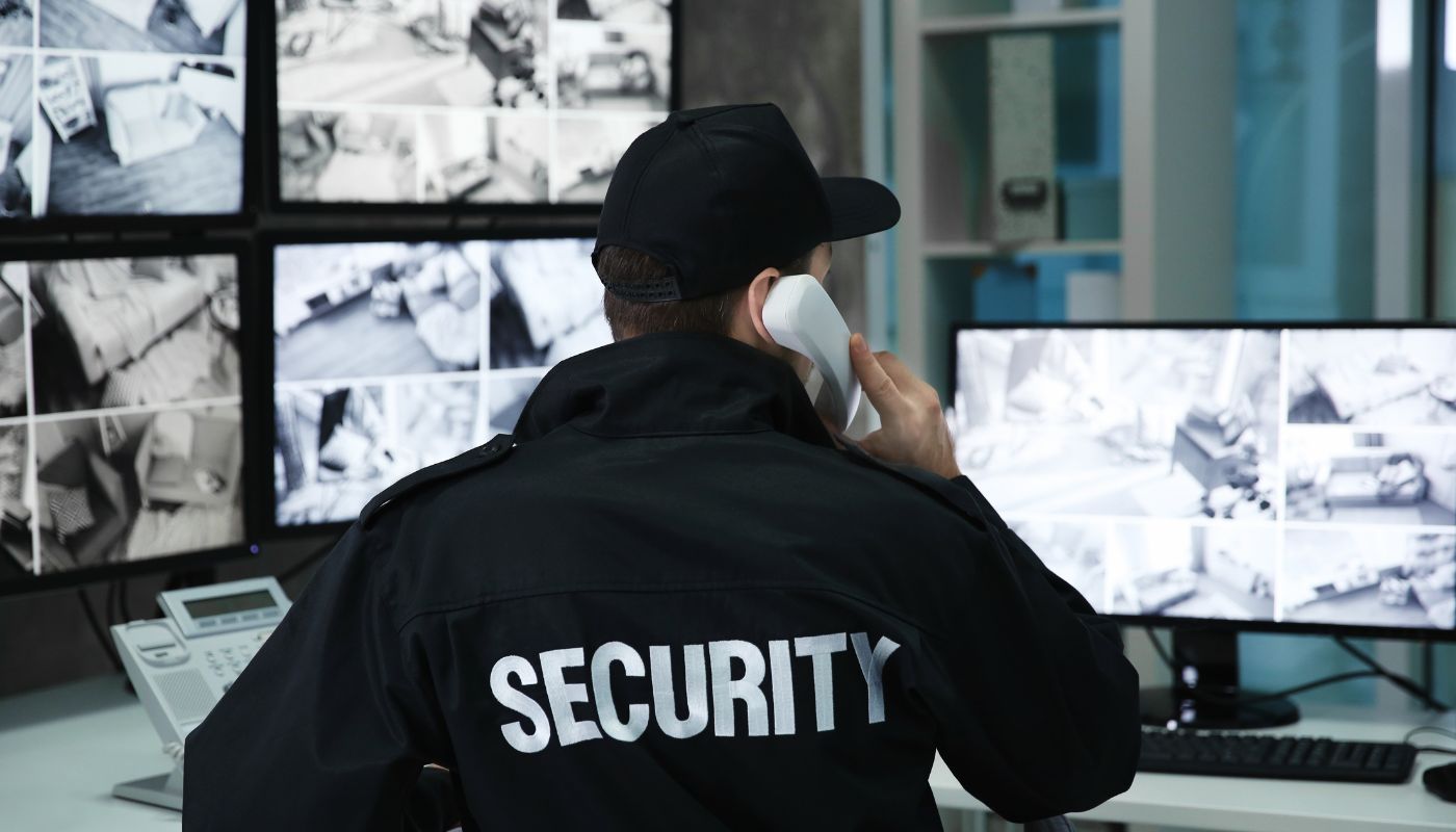 There is a security guard on the phone in front of CCTV camera screens.