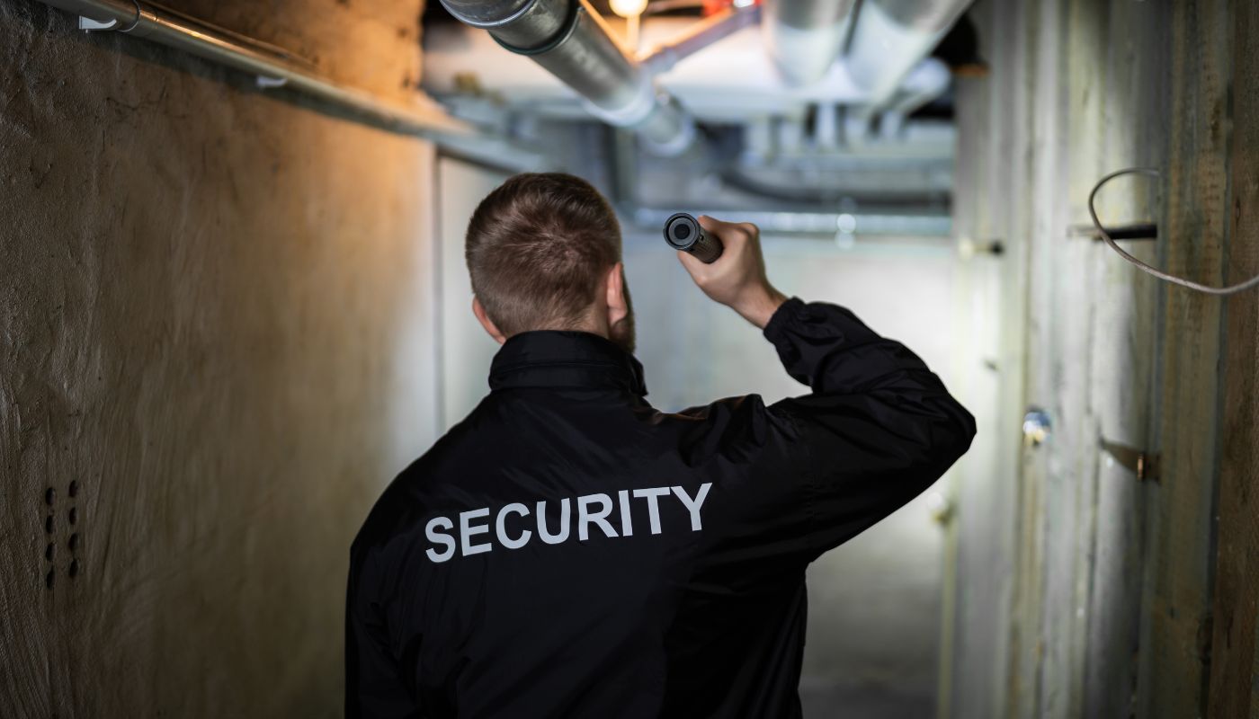 A security guard is looking with a torch through a corridor and there are pipes on the ceiling.