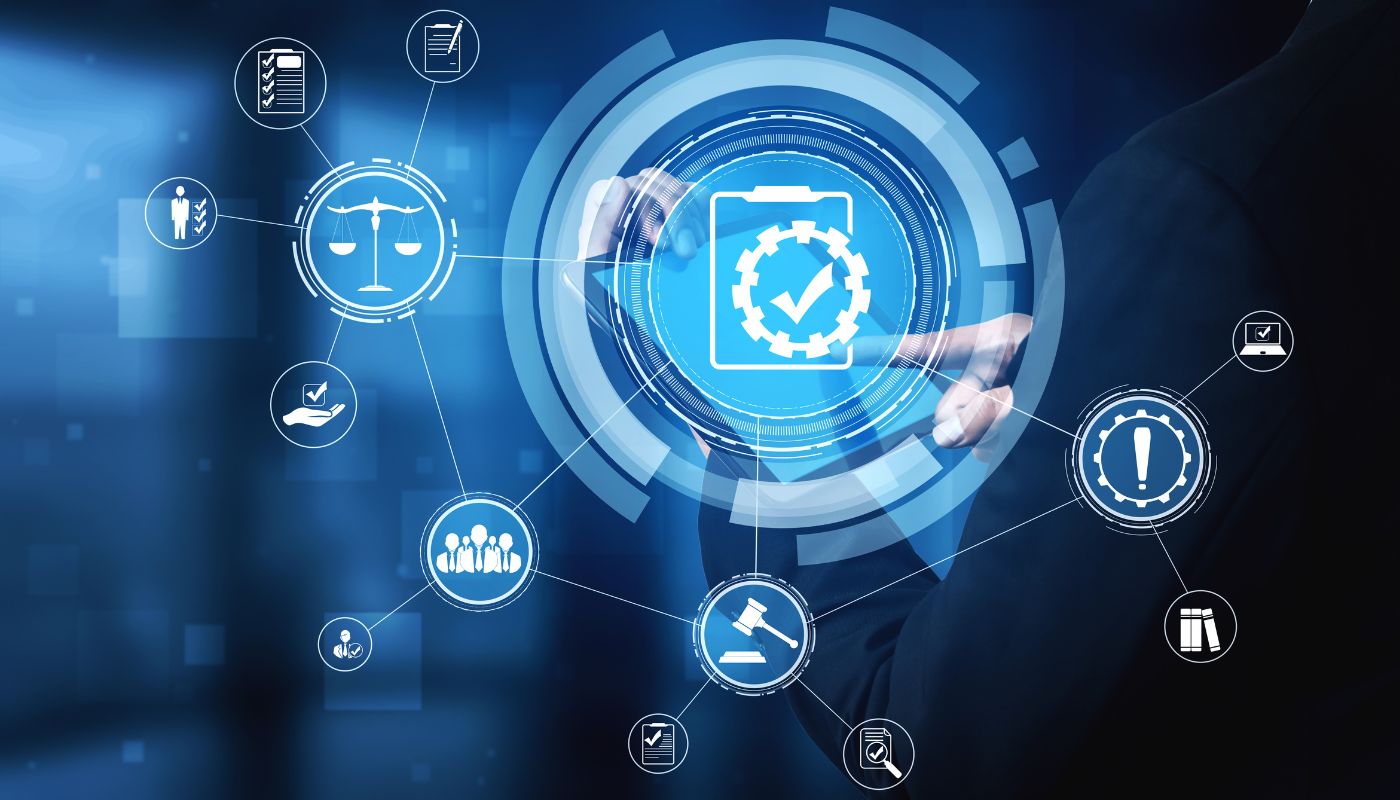 There are digital symbols in blue with a tick badge and a gavel and weight scales in another circle.