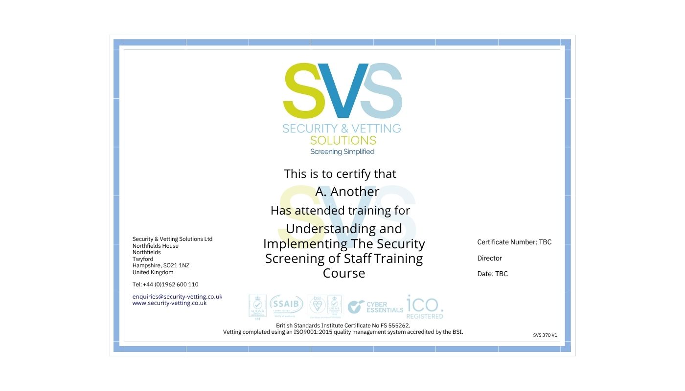 Training course for completing BPSS or BS7858 course at SVS.