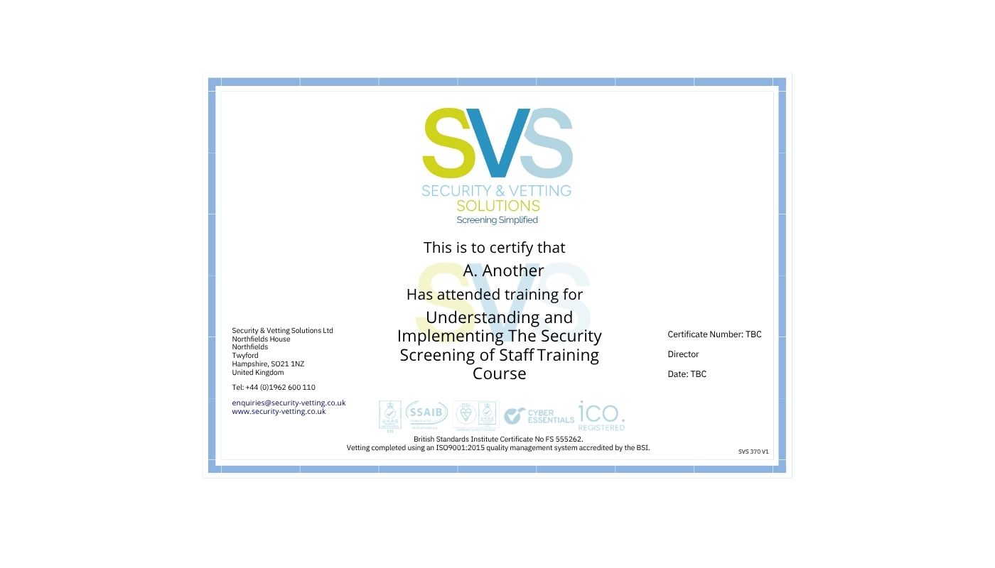 Training course for completing BPSS or BS7858 course at SVS.