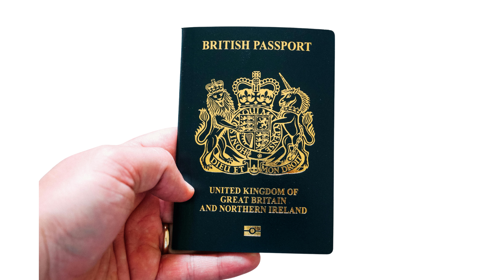 Someone holding a UK passport showing the front cover.