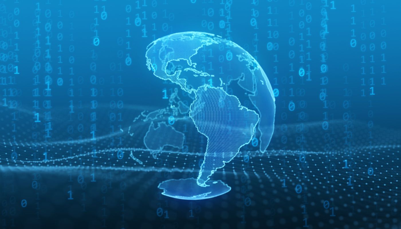 The world is blue and digital floating in the air with codes around it.