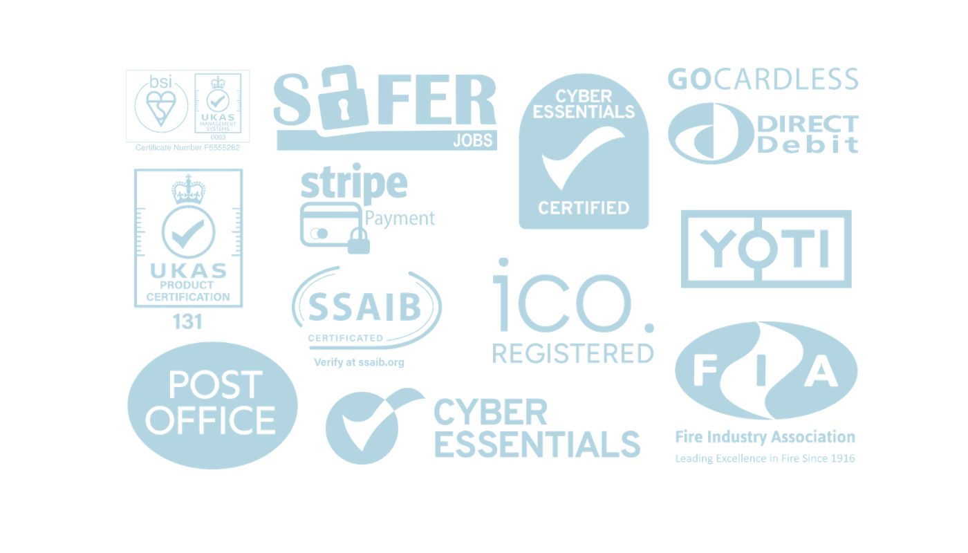 All of our accreditations in blue together including, bsi, ico registered, cyber essentials and many more.