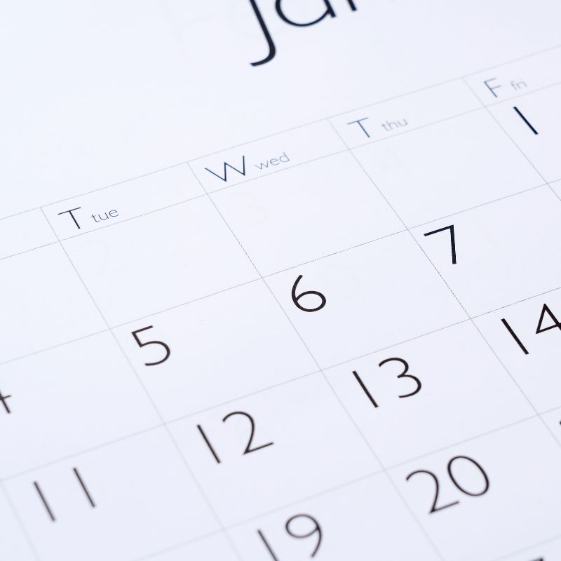A calendar showing the days in a month.