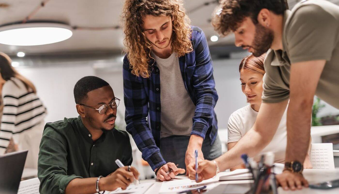 Team collaborating over documents
