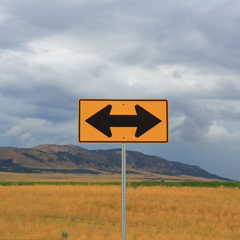 A yellow sign with arrows on a road with a nice view pointing both left and right.