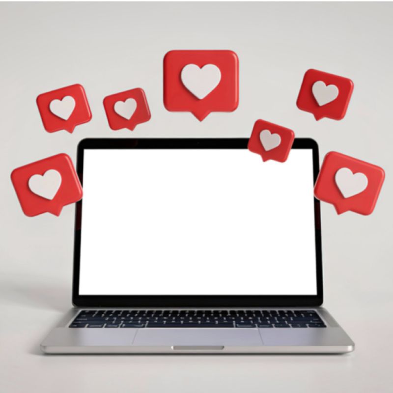 A laptop open with the screen on showing a white bright background with the love heart like symbol icons around it in red.
